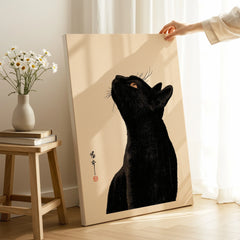 Japanese Cat Art Print – Black Cat Ukiyo-e Style Wall Art — canvas print mirror edge hand holding room setting
