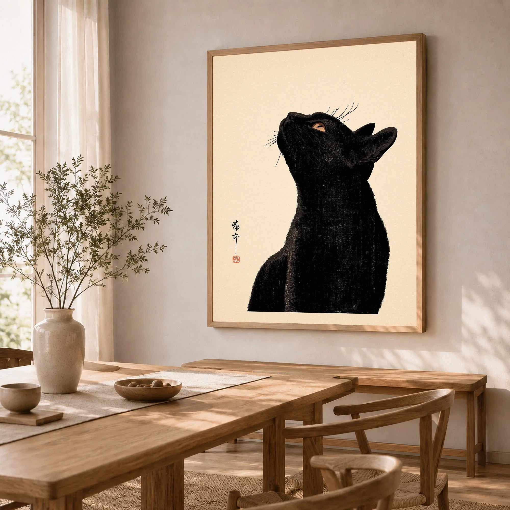 Japanese Cat Art Print – Black Cat Ukiyo-e Style Wall Art — dining room framed print natural wood frame