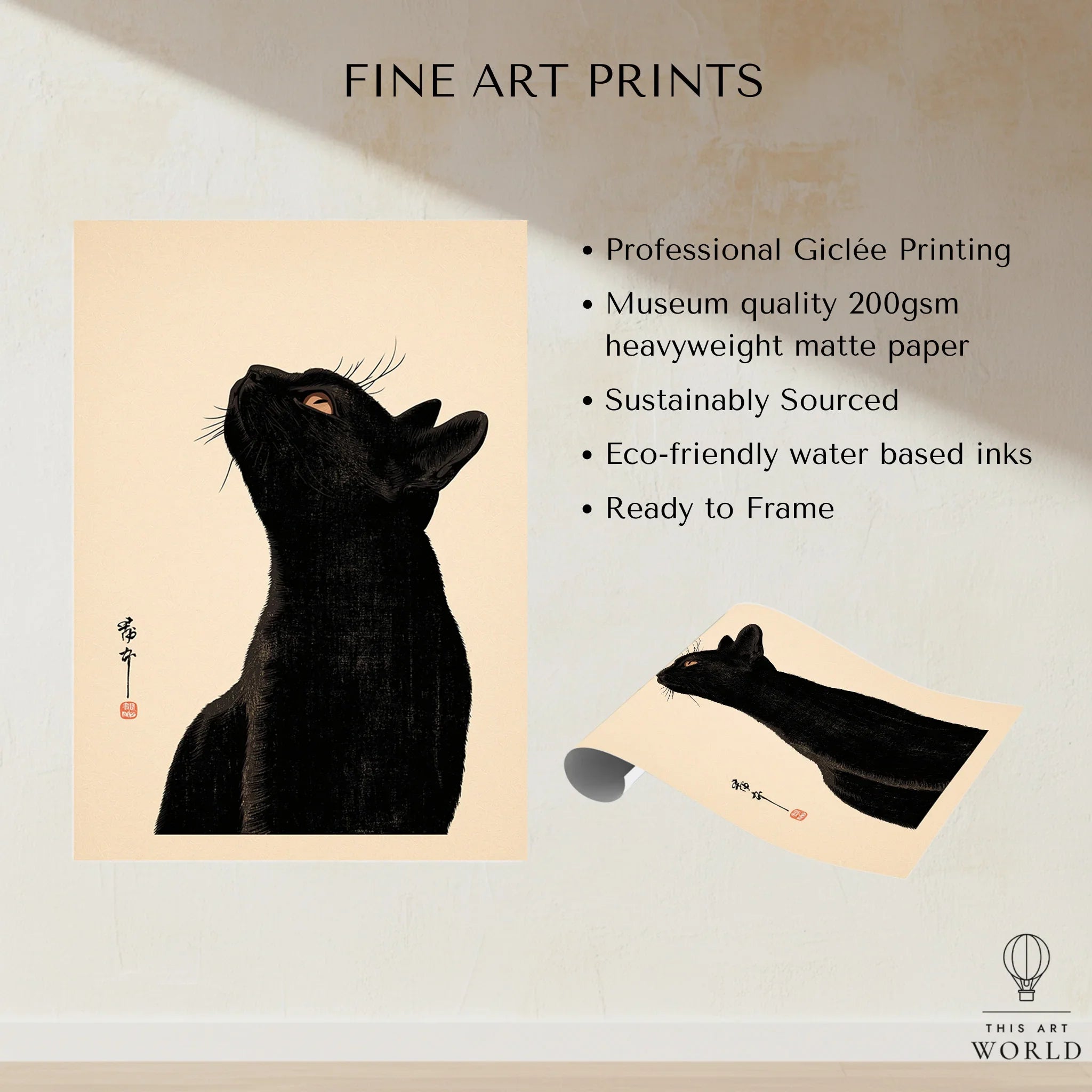 Japanese Cat Art Print – Black Cat Ukiyo-e Style Wall Art — fine art print unframed quality details