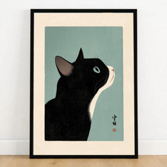 Japanese Black Cat Wall Art – Vintage Japan Art Print — art print in black frame on wooden floor
