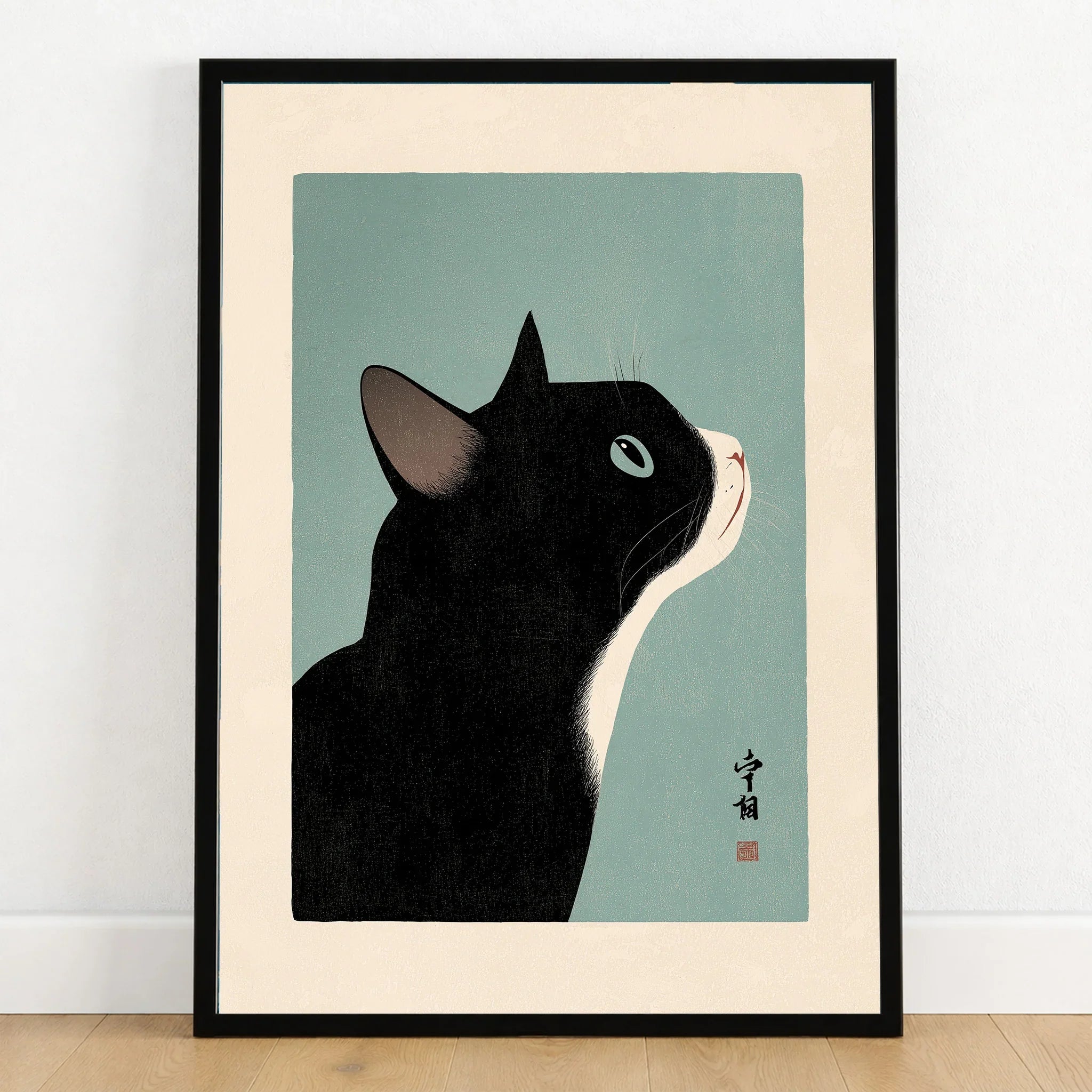 Japanese Black Cat Wall Art – Vintage Japan Art Print — art print in black frame on wooden floor
