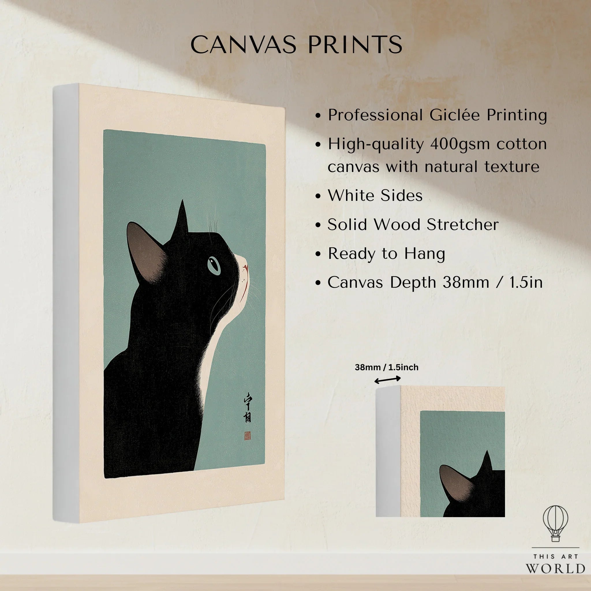 Japanese Black Cat Wall Art – Vintage Japan Art Print — canvas print stretched cotton canvas details