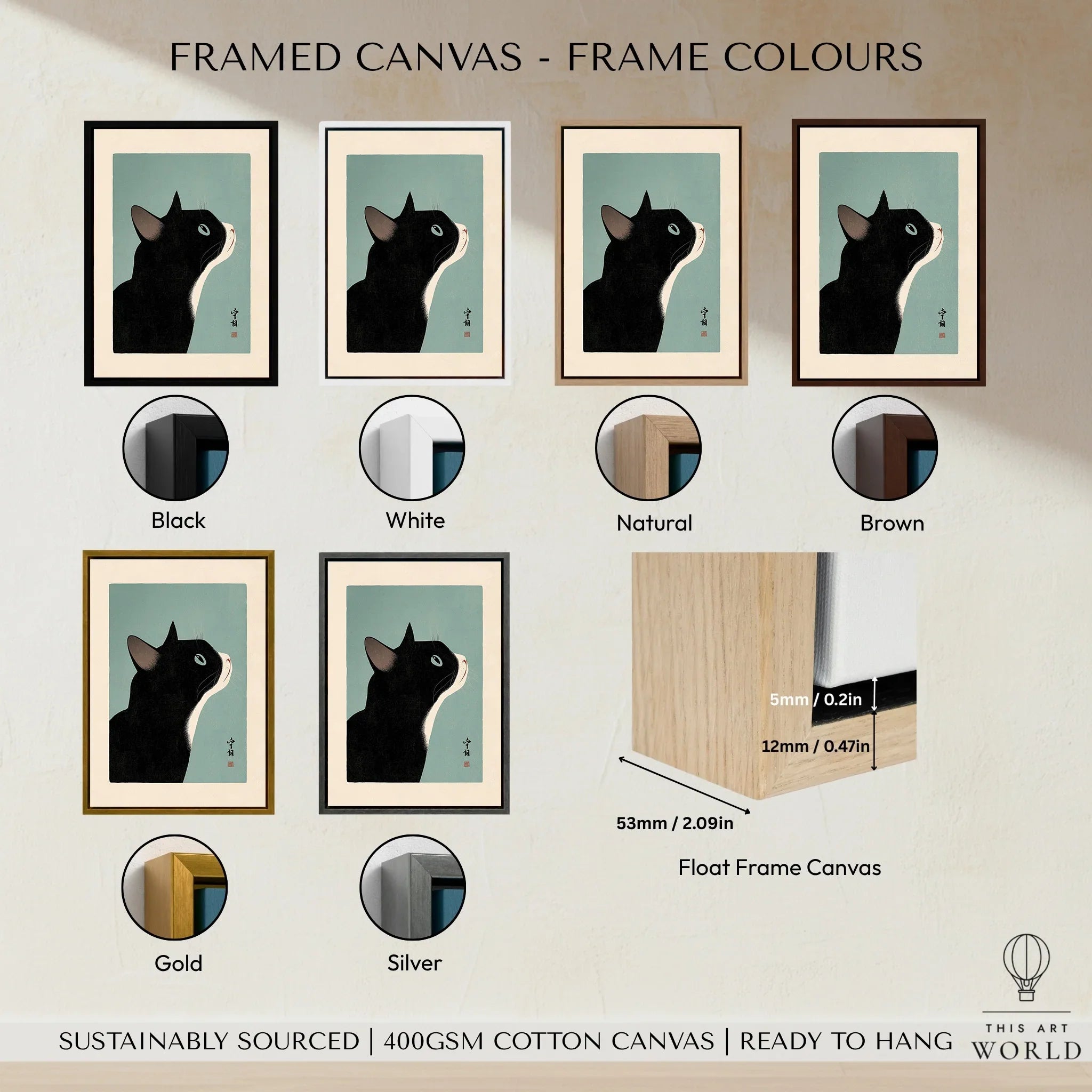 Japanese Black Cat Wall Art – Vintage Japan Art Print — framed canvas float frame colour options