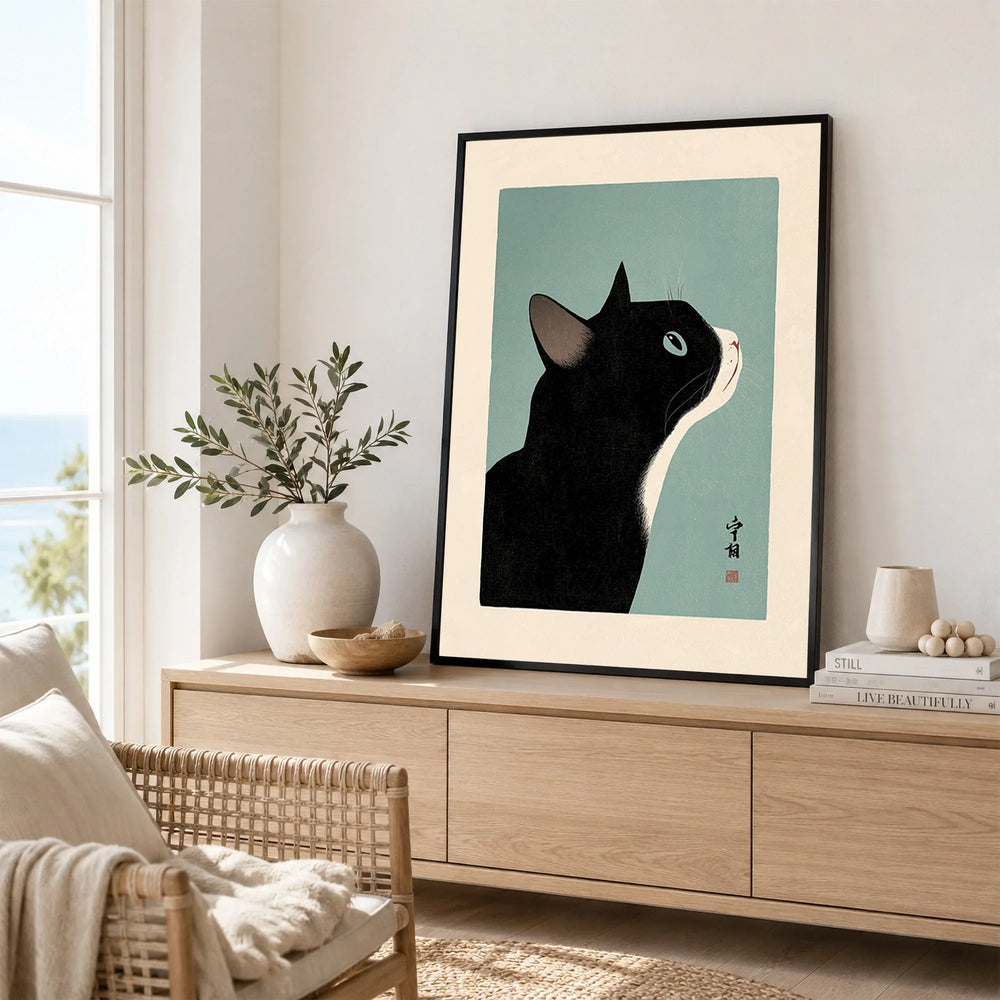 Japanese Black Cat Wall Art – Vintage Japan Art Print — framed artwork living room lifestyle setting