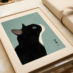 Japanese Black Cat Wall Art – Vintage Japan Art Print — framed art print closeup gift unwrapped natural frame