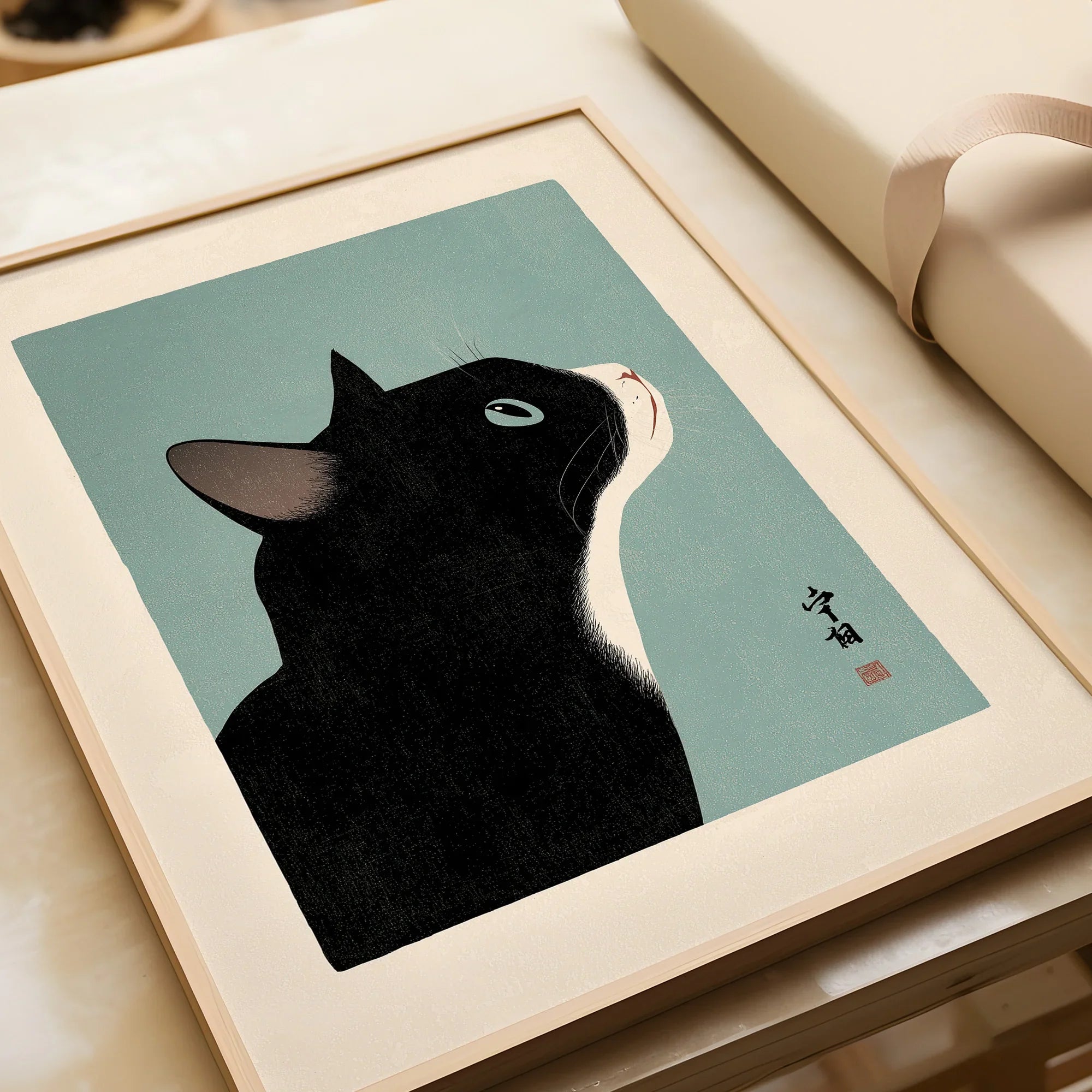 Japanese Black Cat Wall Art – Vintage Japan Art Print — framed art print closeup gift unwrapped natural frame