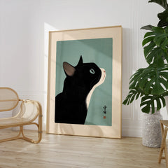 Japanese Black Cat Wall Art – Vintage Japan Art Print — large framed print room setting chair plant
