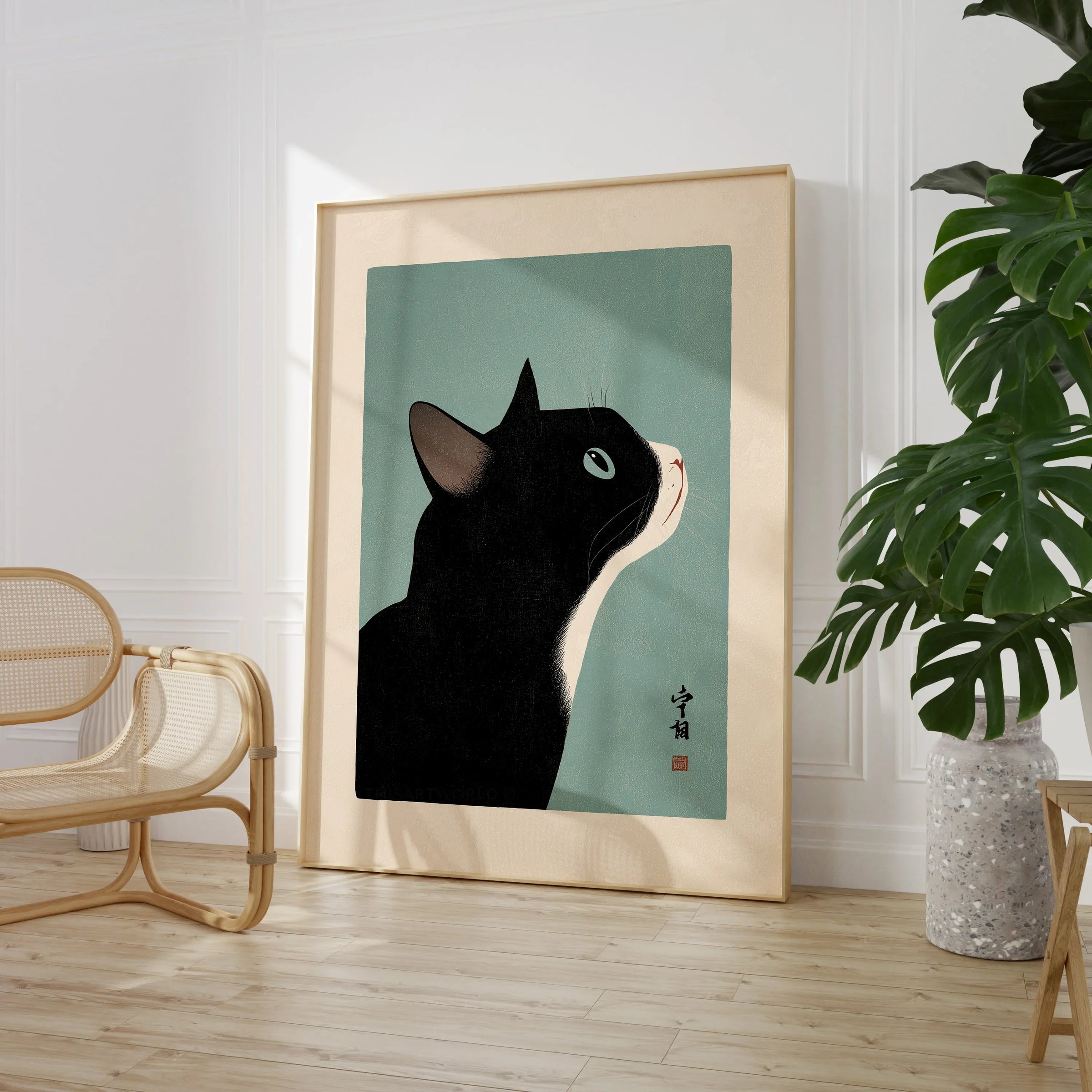Japanese Black Cat Wall Art – Vintage Japan Art Print — large framed print room setting chair plant