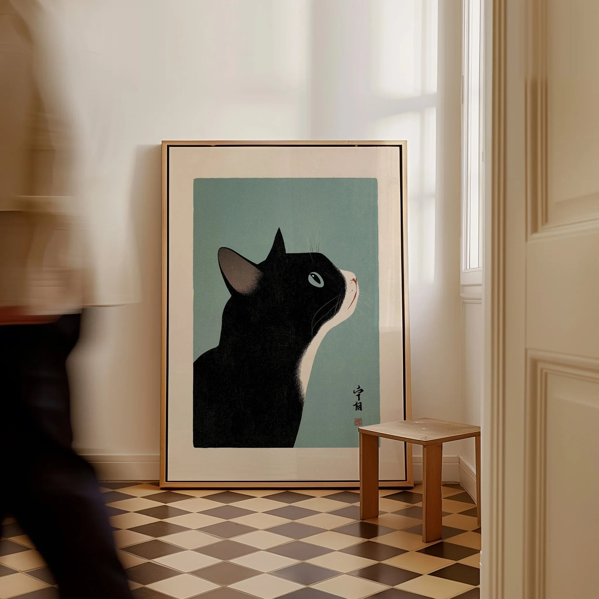 Japanese Black Cat Wall Art – Vintage Japan Art Print — framed canvas on floor man walking past