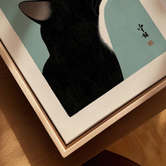 Japanese Black Cat Wall Art – Vintage Japan Art Print — closeup framed canvas natural wood floating frame