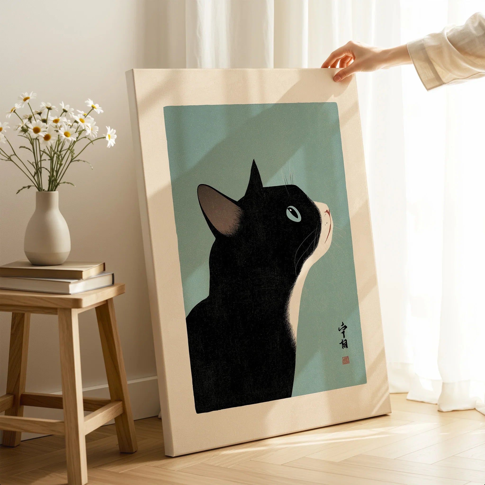 Japanese Black Cat Wall Art – Vintage Japan Art Print — canvas print mirror edge hand holding room setting