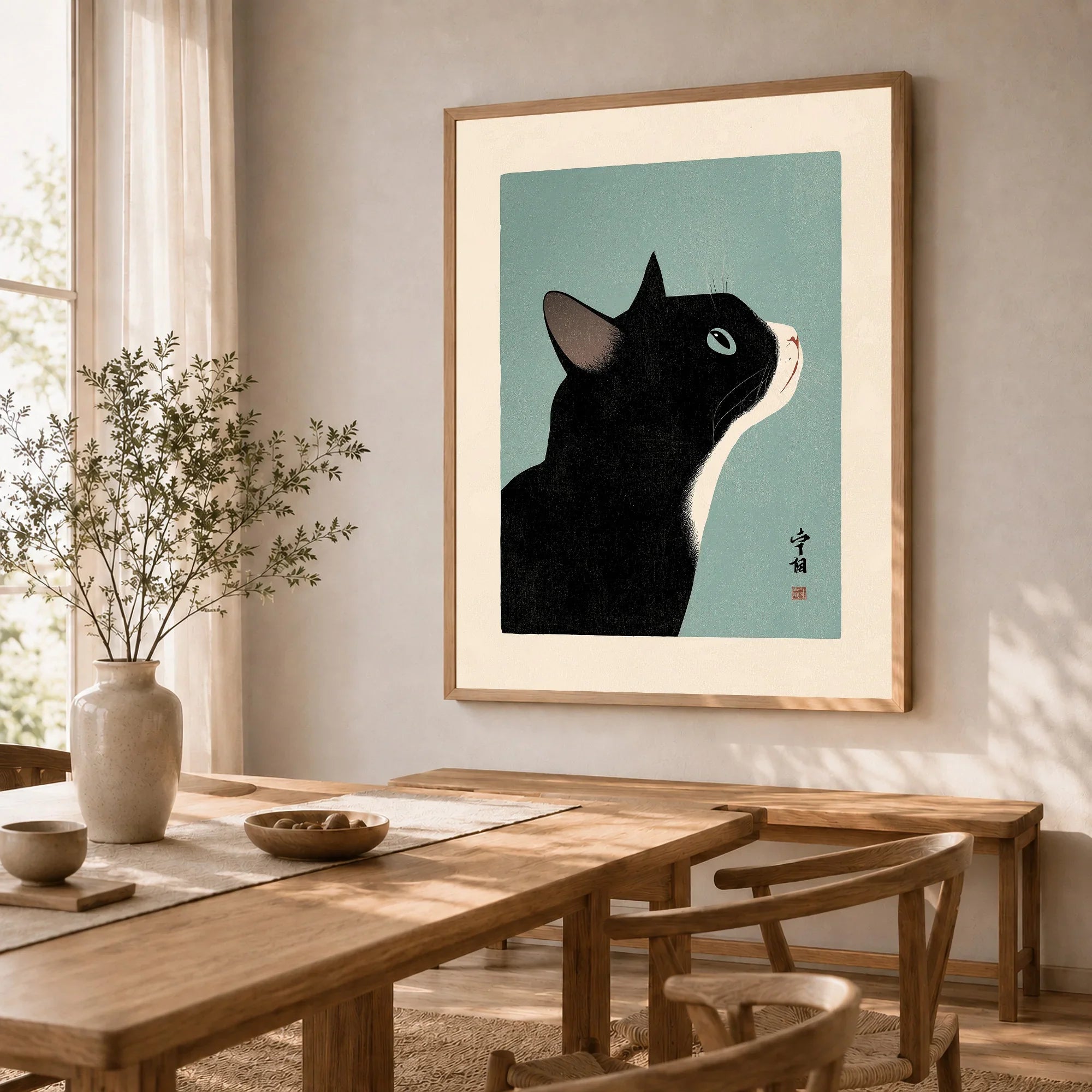 Japanese Black Cat Wall Art – Vintage Japan Art Print — dining room framed print natural wood frame