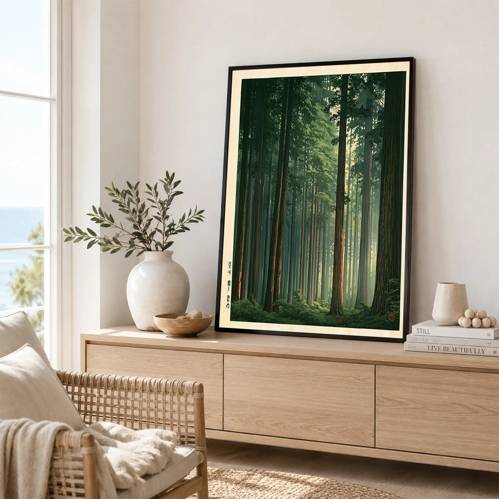 Japanese Cedar Forest Art Print – Vintage Landscape Wall Art — framed artwork living room lifestyle setting