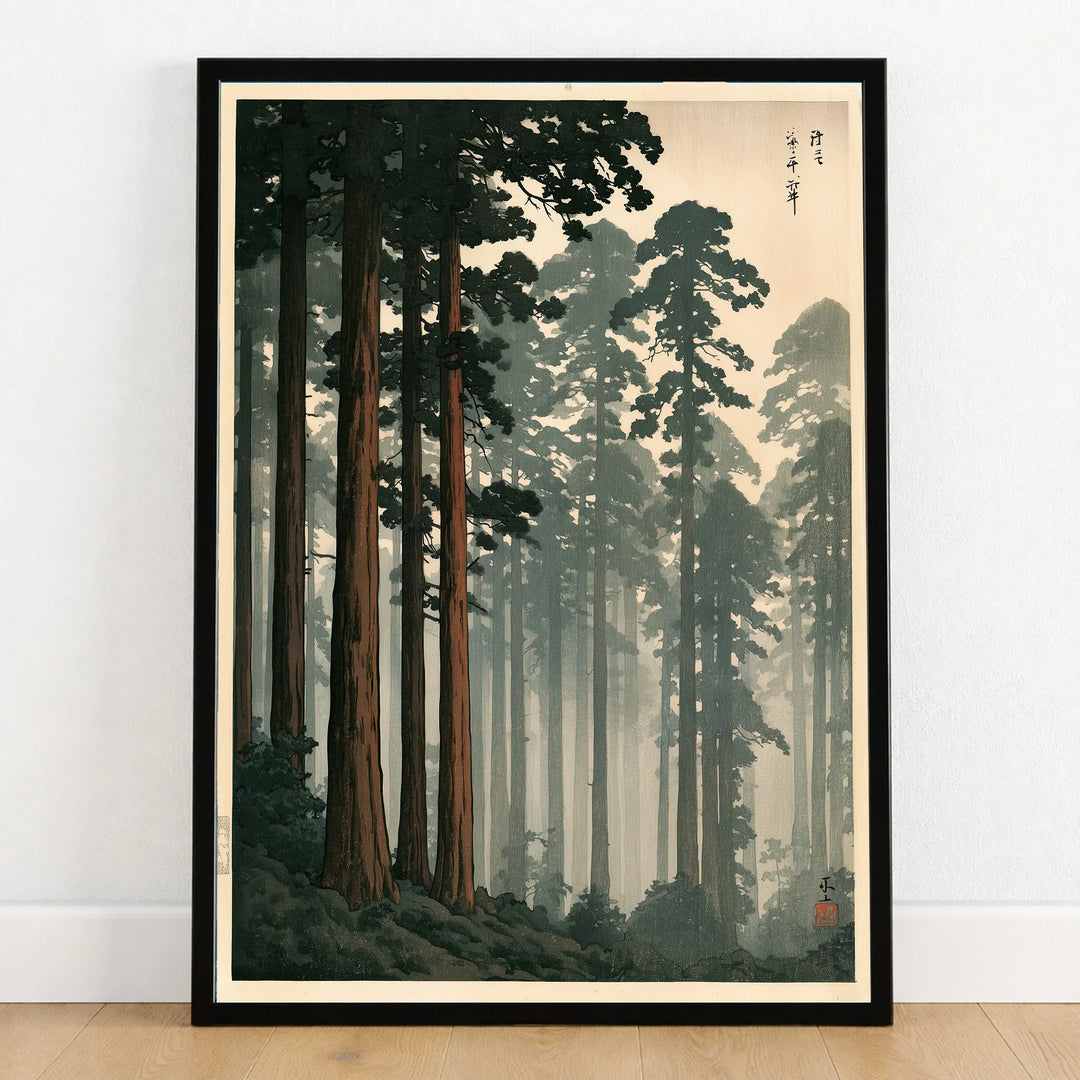 Japanese Forest Wall Art – Vintage Japanese Landscape Print — art print in black frame on wooden floor
