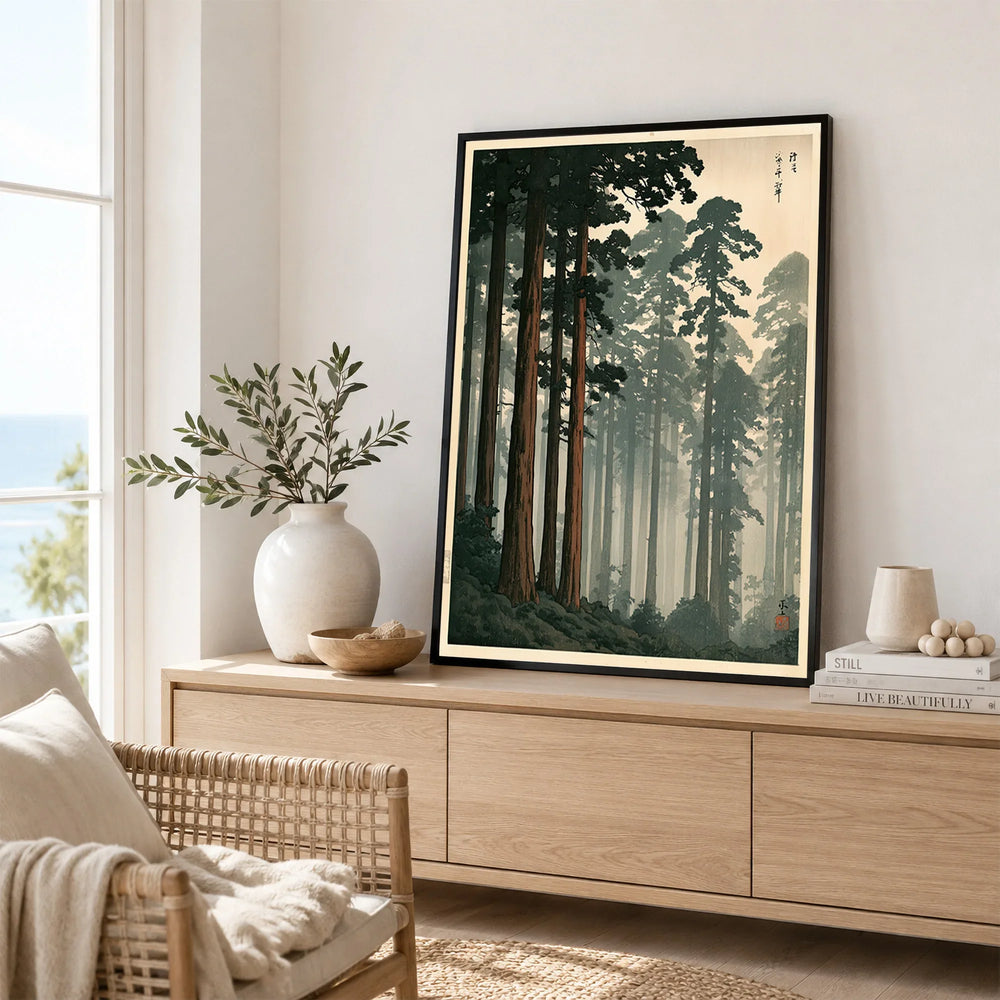 Japanese Forest Wall Art – Vintage Japanese Landscape Print — framed artwork living room lifestyle setting