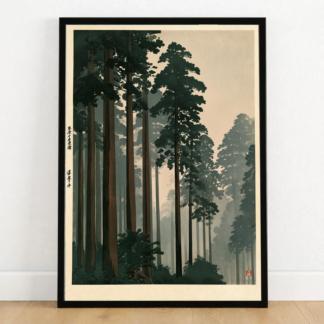 Japanese Cedar Forest Print – Vintage Japan Wall Art — art print in black frame on wooden floor