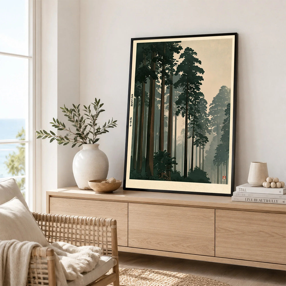 Japanese Cedar Forest Print – Vintage Japan Wall Art — framed artwork living room lifestyle setting