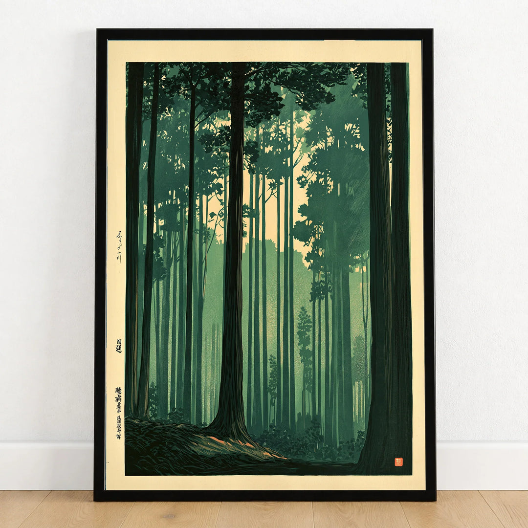 Japanese Woodland Art Print – Vintage Forest Wall Art — art print in black frame on wooden floor
