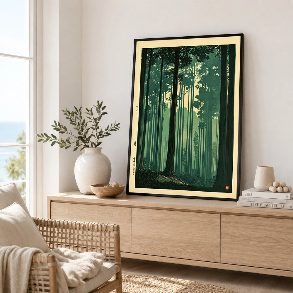 Japanese Woodland Art Print – Vintage Forest Wall Art — framed artwork living room lifestyle setting