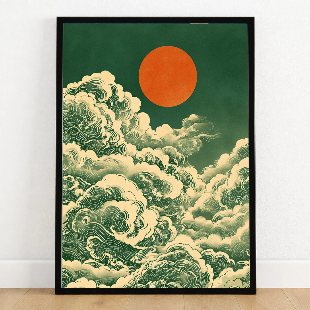 Japanese Cloud & Sun Art Print – Vintage Japan Wall Art — art print in black frame on wooden floor