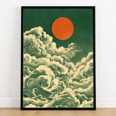 Japanese Cloud & Sun Art Print – Vintage Japan Wall Art — art print in black frame on wooden floor