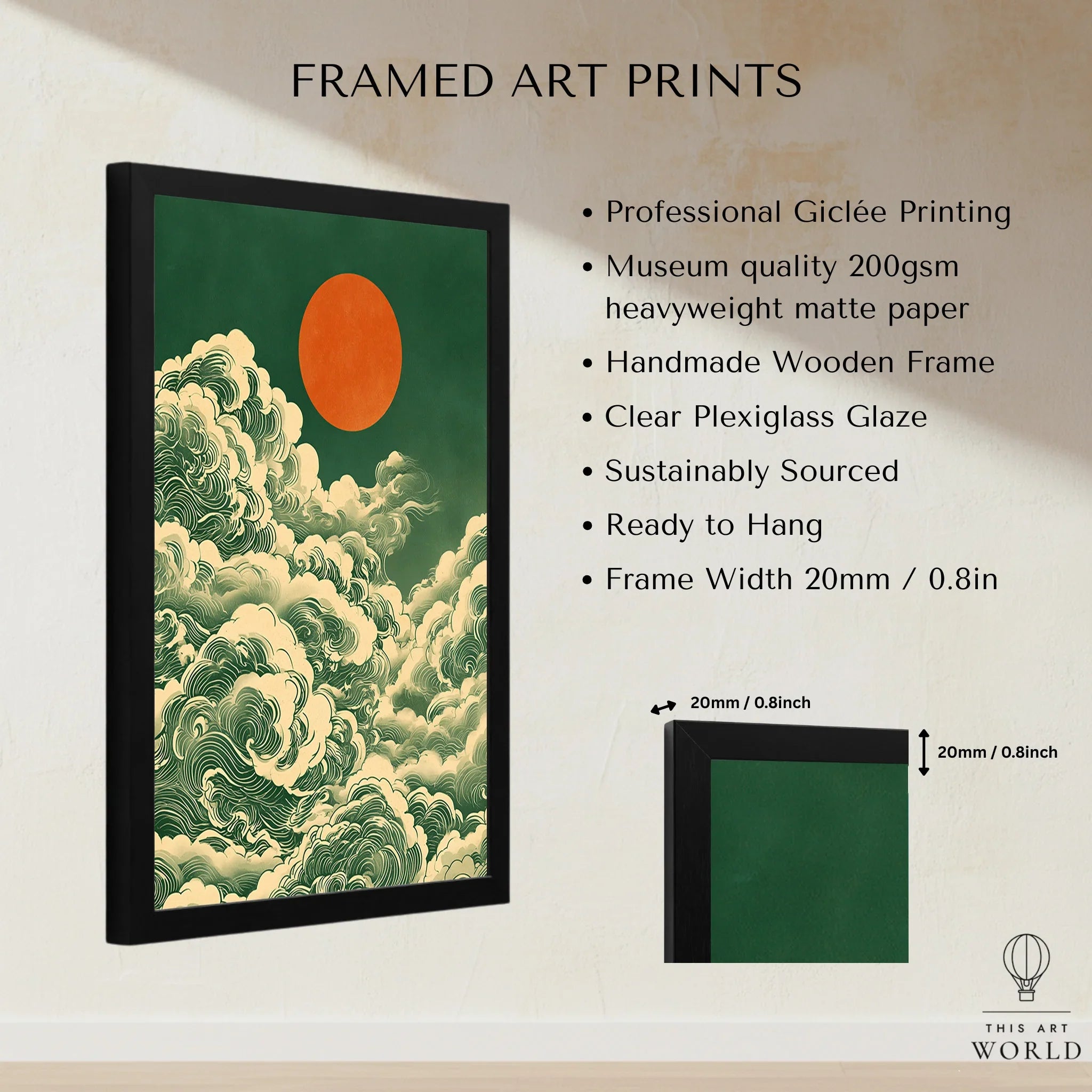 Japanese Cloud & Sun Art Print – Vintage Japan Wall Art — framed print details measurements quality details