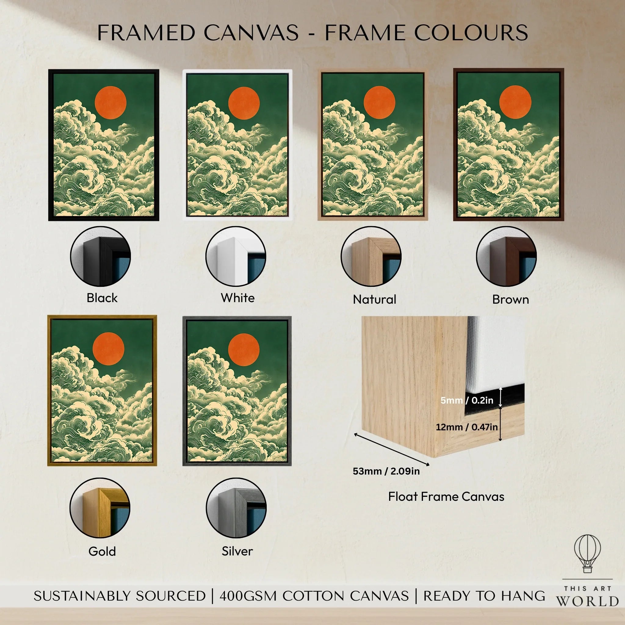 Japanese Cloud & Sun Art Print – Vintage Japan Wall Art — framed canvas float frame colour options