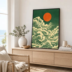 Japanese Cloud & Sun Art Print – Vintage Japan Wall Art — framed artwork living room lifestyle setting