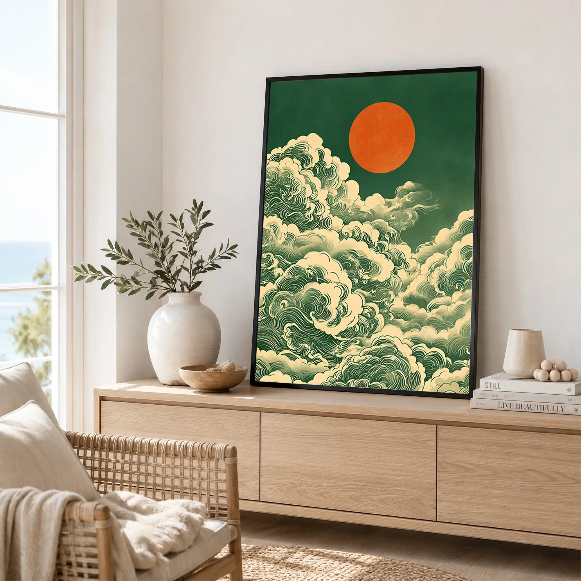Japanese Cloud & Sun Art Print – Vintage Japan Wall Art — framed artwork living room lifestyle setting