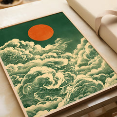 Japanese Cloud & Sun Art Print – Vintage Japan Wall Art — framed art print closeup gift unwrapped natural frame