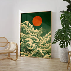 Japanese Cloud & Sun Art Print – Vintage Japan Wall Art — large framed print room setting chair plant