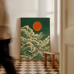 Japanese Cloud & Sun Art Print – Vintage Japan Wall Art — framed canvas on floor man walking past