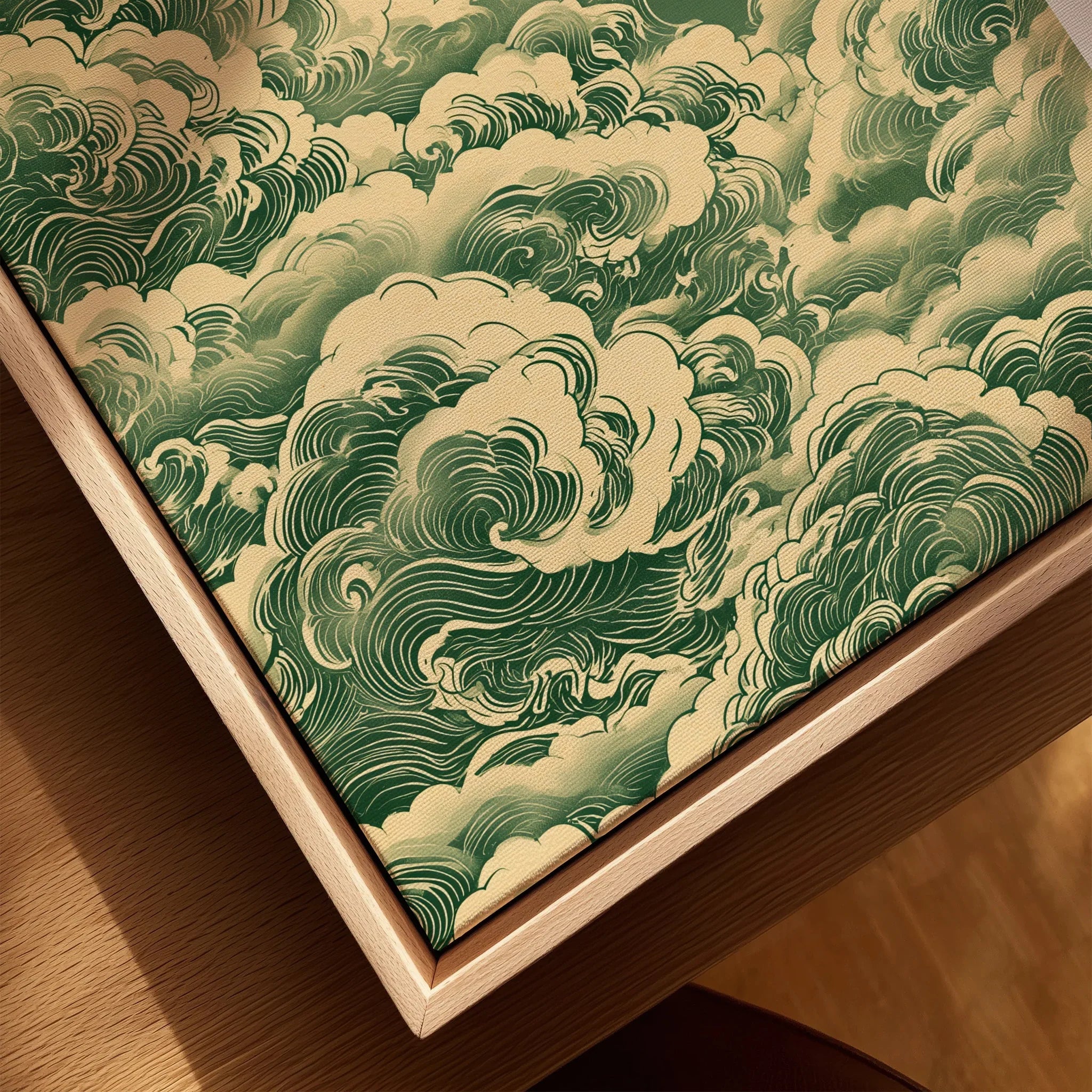 Japanese Cloud & Sun Art Print – Vintage Japan Wall Art — closeup framed canvas natural wood floating frame