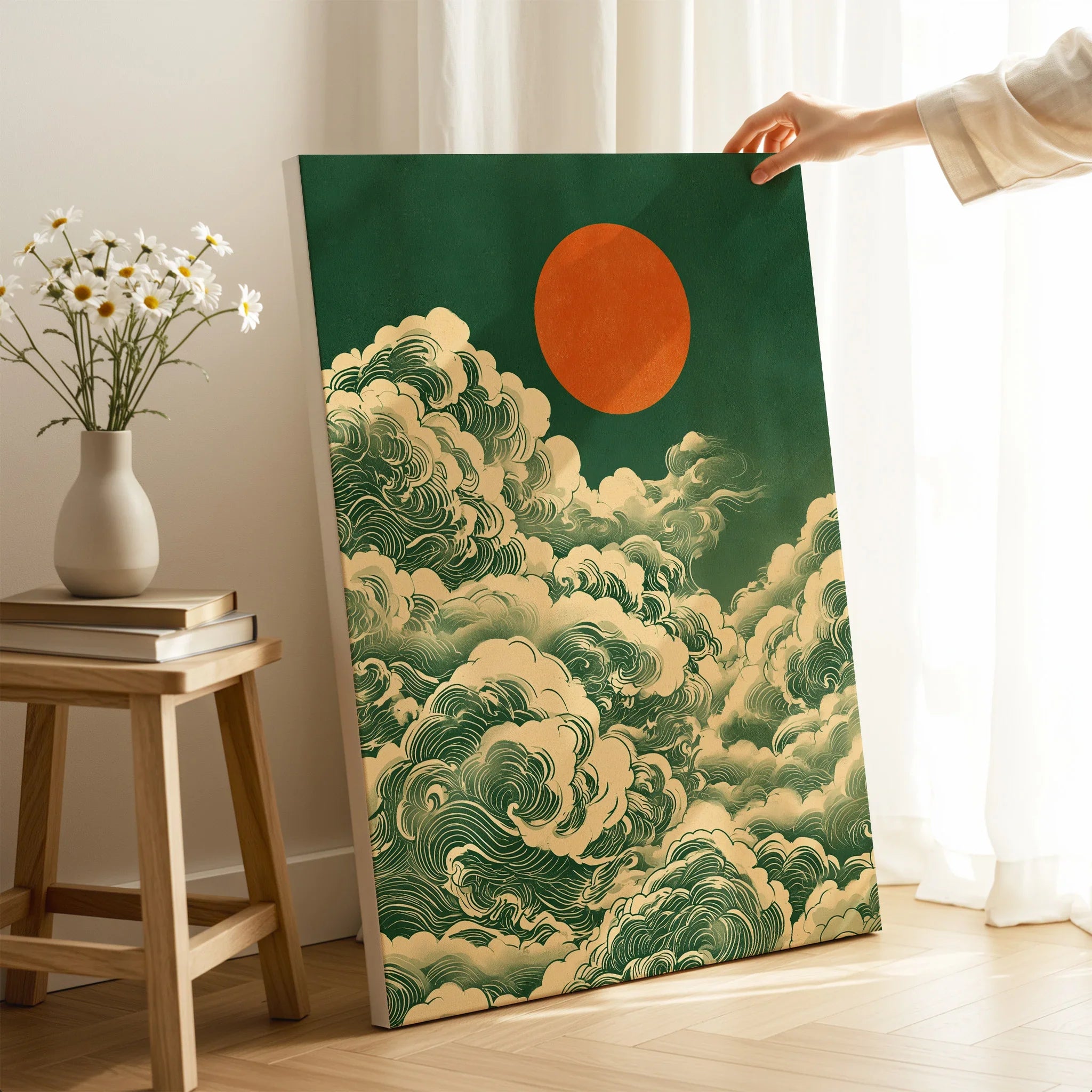 Japanese Cloud & Sun Art Print – Vintage Japan Wall Art — canvas print mirror edge hand holding room setting