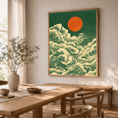 Japanese Cloud & Sun Art Print – Vintage Japan Wall Art — dining room framed print natural wood frame