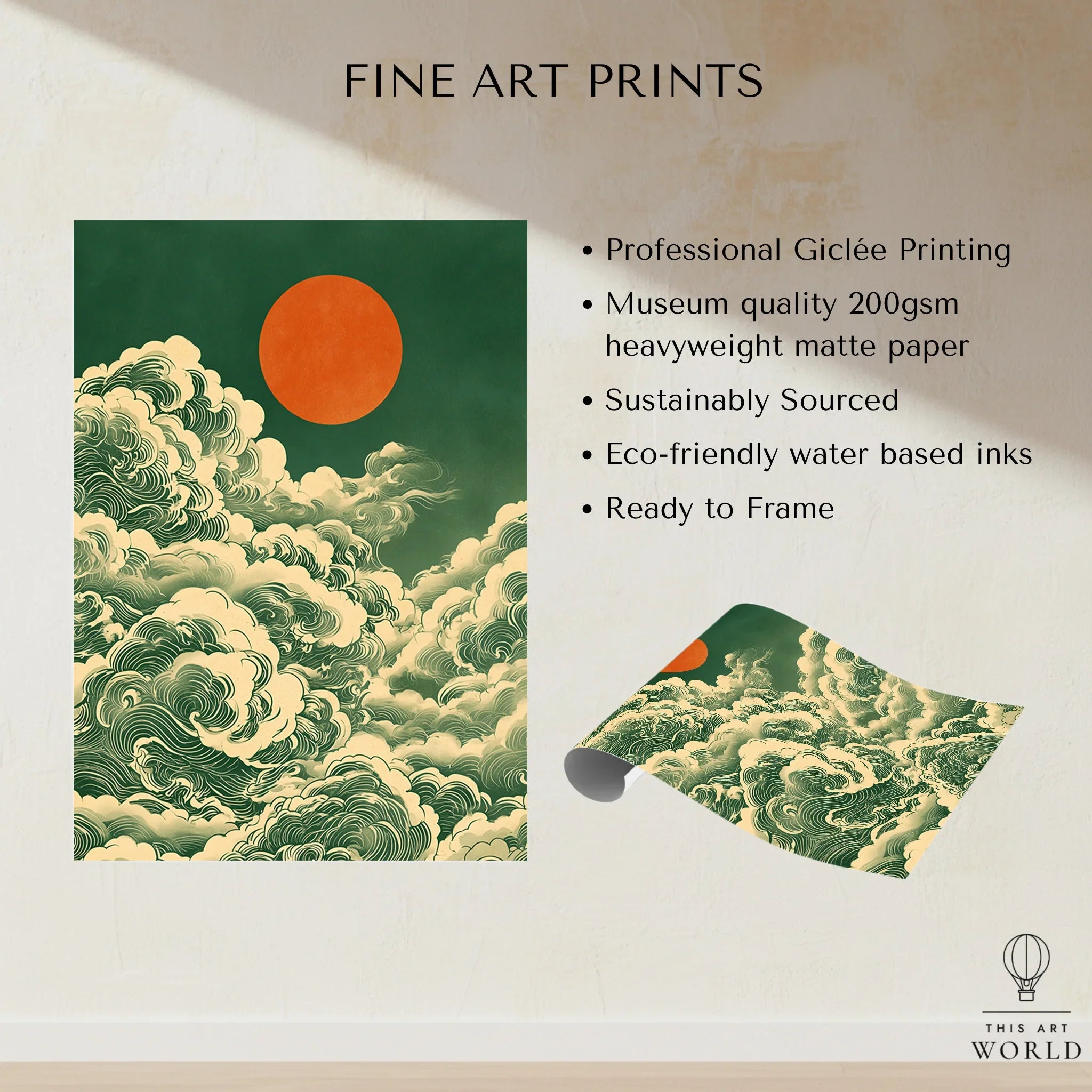 Japanese Cloud & Sun Art Print – Vintage Japan Wall Art — fine art print unframed quality details