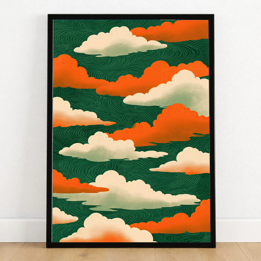 Japanese Cloud Art Print – Vintage Ukiyo-e Style Wall Art — art print in black frame on wooden floor