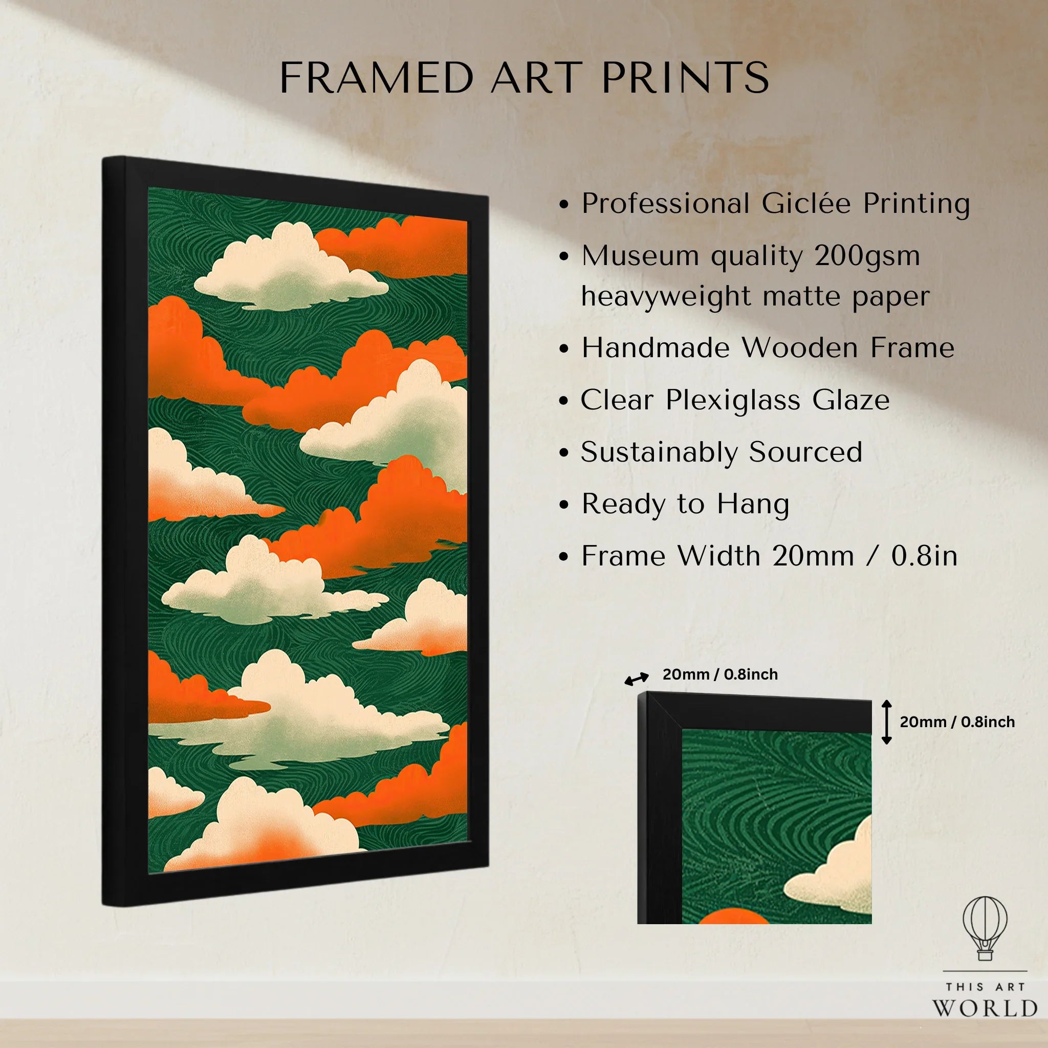 Japanese Cloud Art Print – Vintage Ukiyo-e Style Wall Art — framed print details measurements quality details