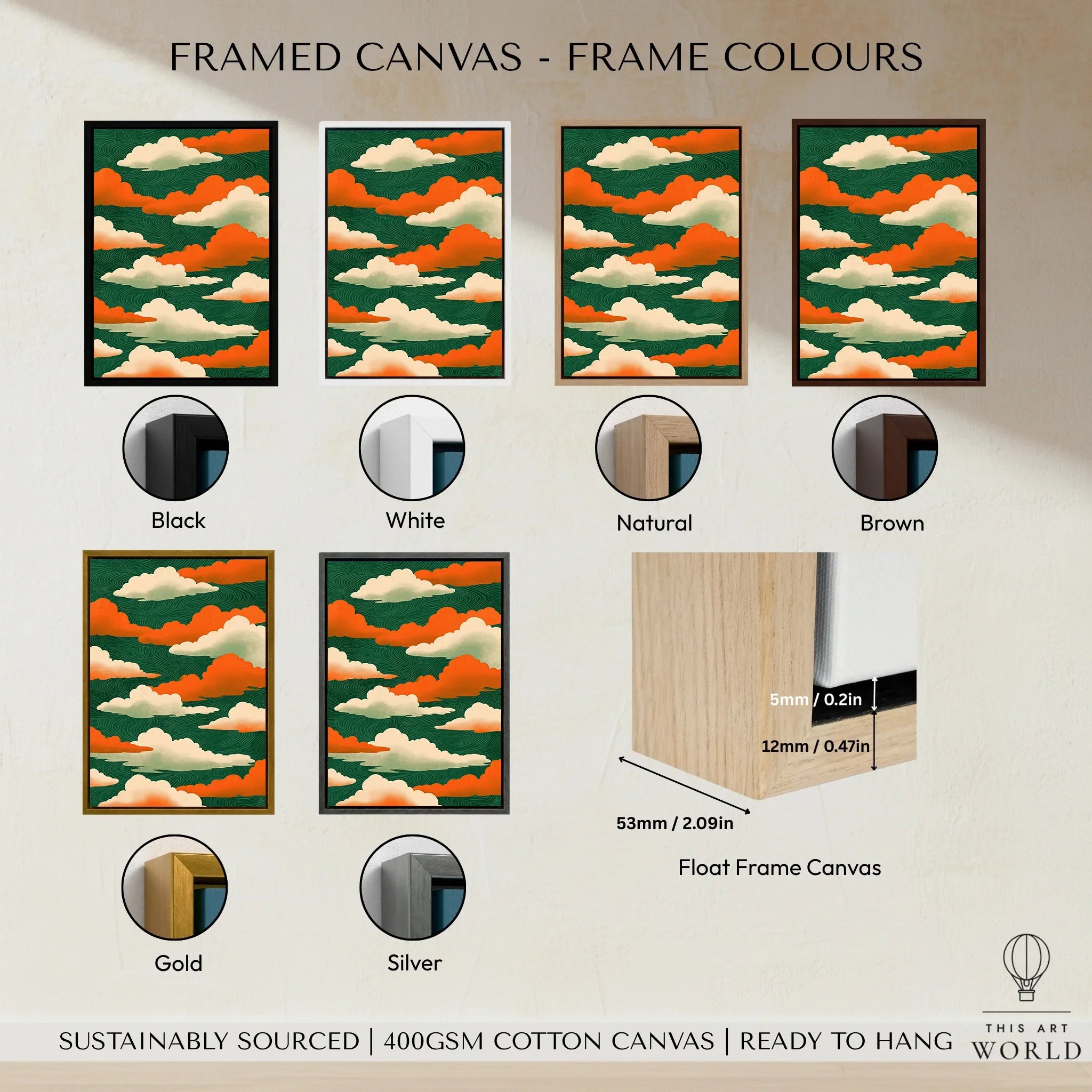Japanese Cloud Art Print – Vintage Ukiyo-e Style Wall Art — framed canvas float frame colour options