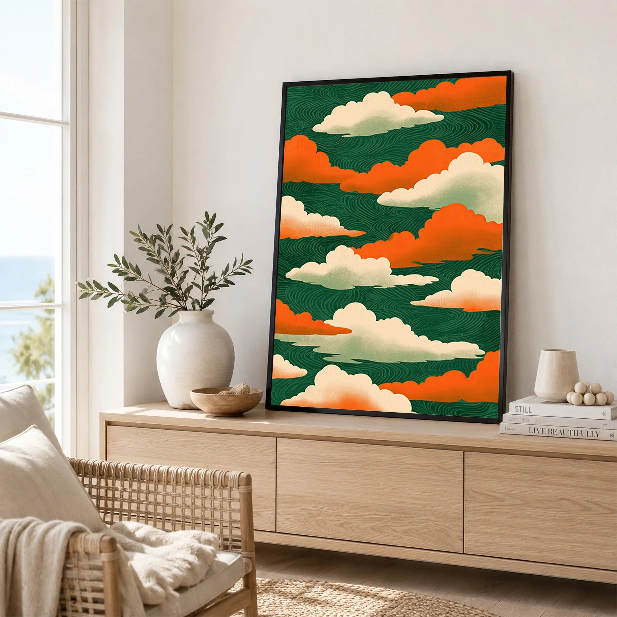 Japanese Cloud Art Print – Vintage Ukiyo-e Style Wall Art — framed artwork living room lifestyle setting