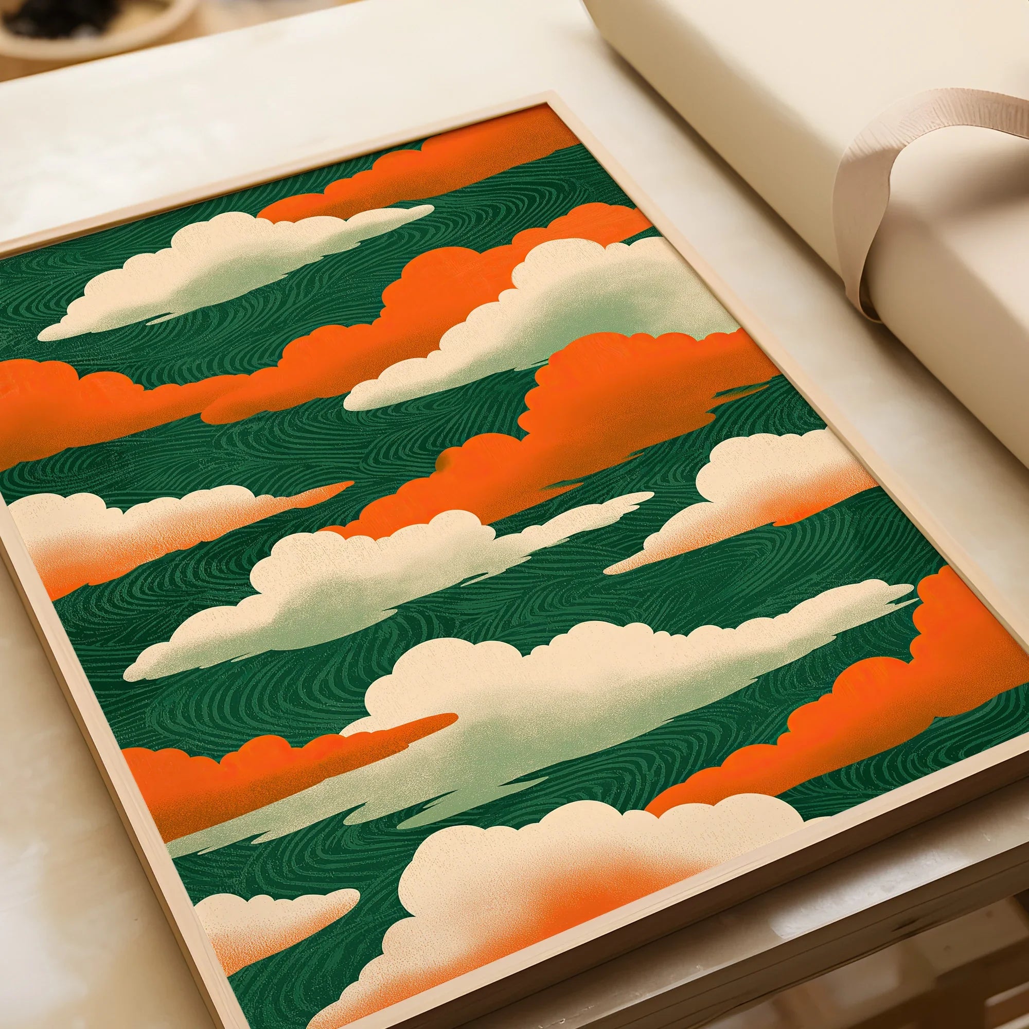 Japanese Cloud Art Print – Vintage Ukiyo-e Style Wall Art — framed art print closeup gift unwrapped natural frame