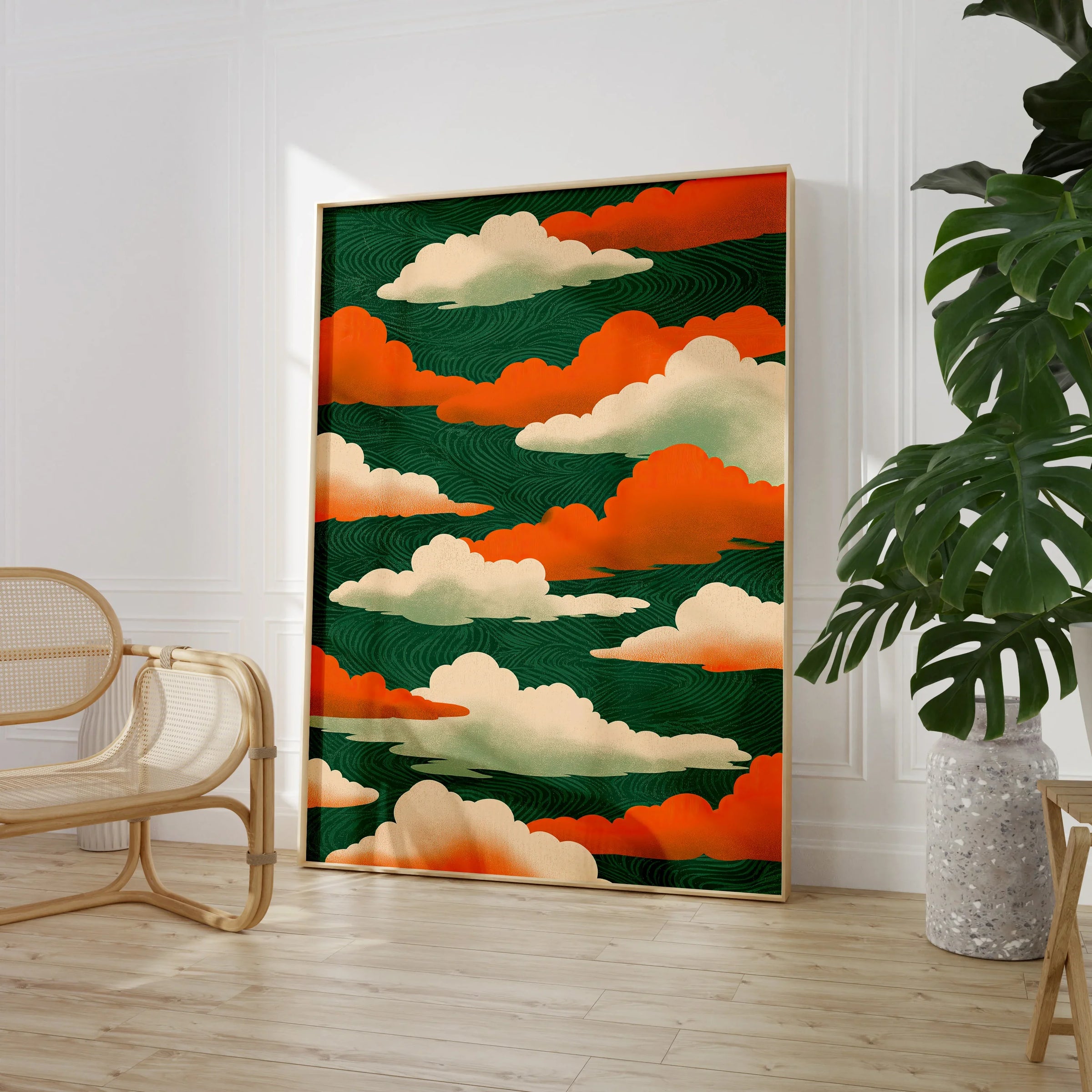 Japanese Cloud Art Print – Vintage Ukiyo-e Style Wall Art — large framed print room setting chair plant