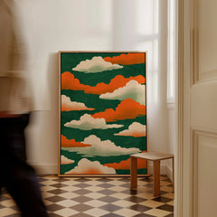 Japanese Cloud Art Print – Vintage Ukiyo-e Style Wall Art — framed canvas on floor man walking past