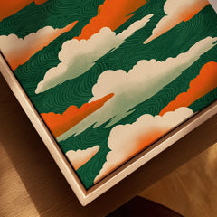 Japanese Cloud Art Print – Vintage Ukiyo-e Style Wall Art — closeup framed canvas natural wood floating frame