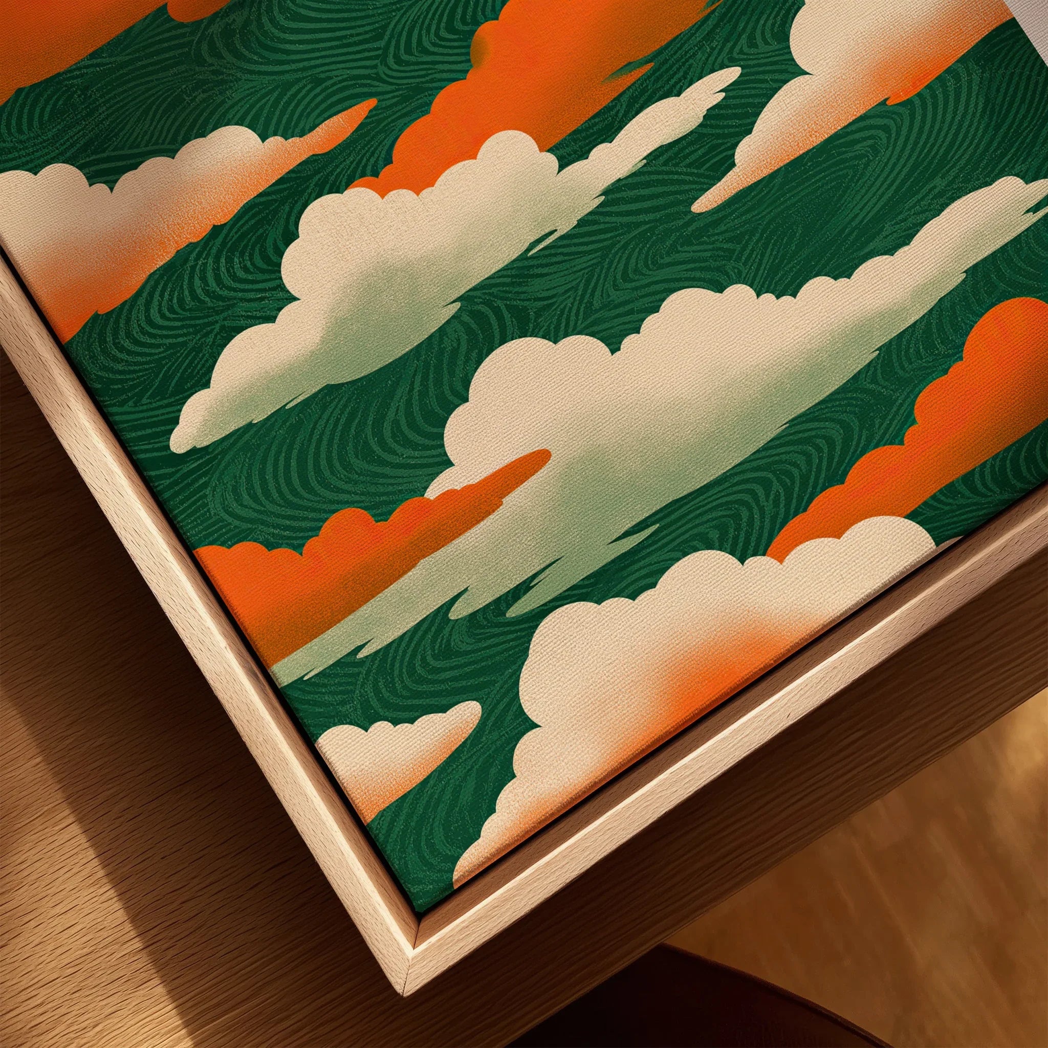 Japanese Cloud Art Print – Vintage Ukiyo-e Style Wall Art — closeup framed canvas natural wood floating frame