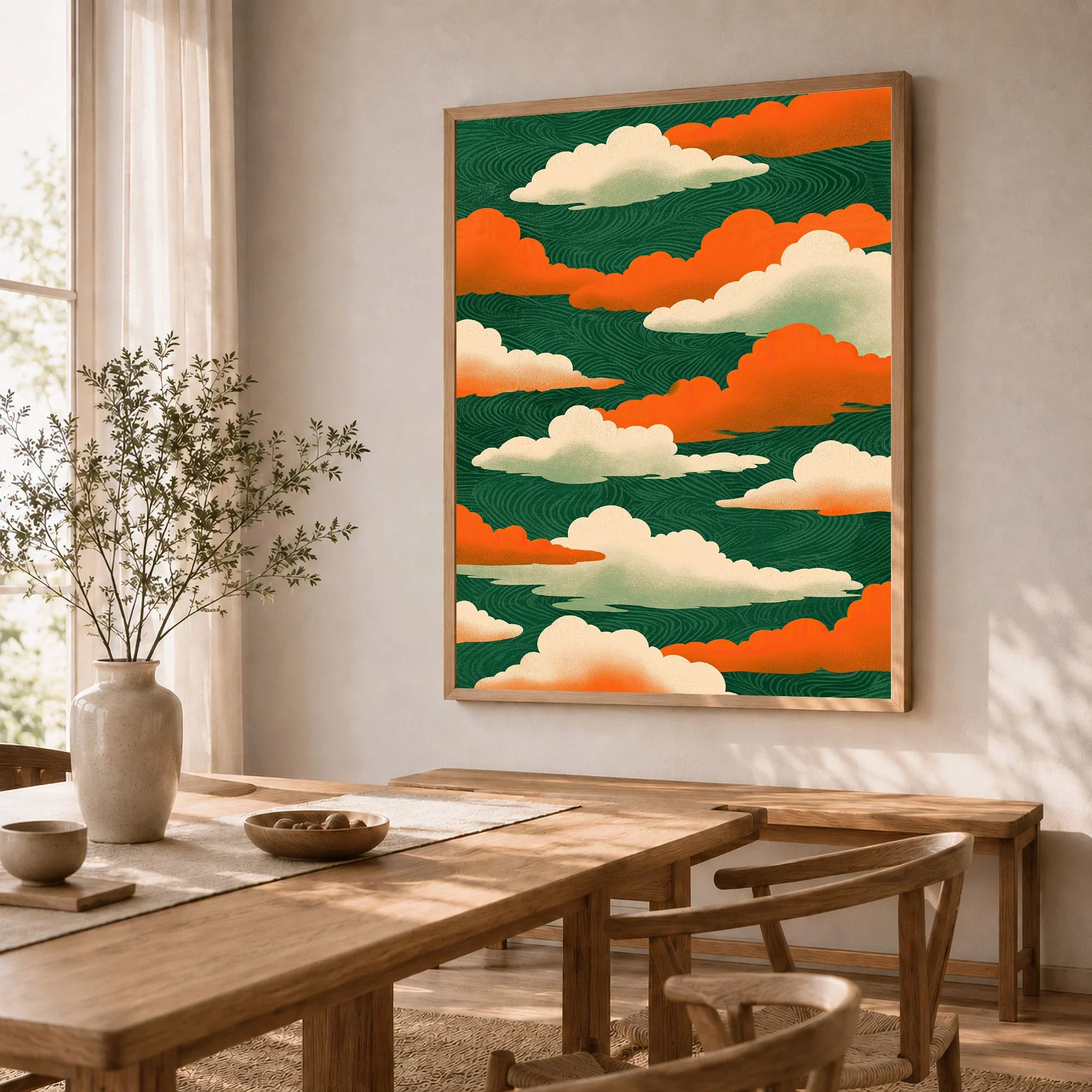 Japanese Cloud Art Print – Vintage Ukiyo-e Style Wall Art — dining room framed print natural wood frame