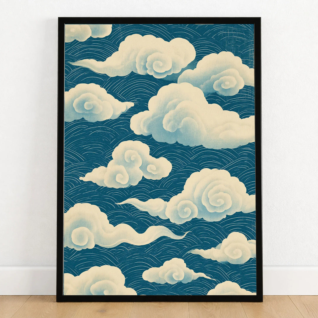 Japanese Cloud Pattern Art Print – Blue Vintage Wall Art — art print in black frame on wooden floor