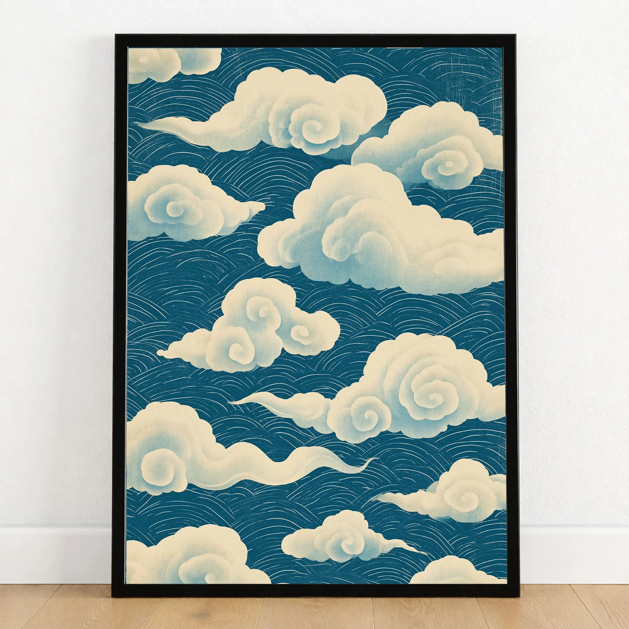 Japanese Cloud Pattern Art Print – Blue Vintage Wall Art — art print in black frame on wooden floor