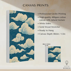 Japanese Cloud Pattern Art Print – Blue Vintage Wall Art — canvas print stretched cotton canvas details