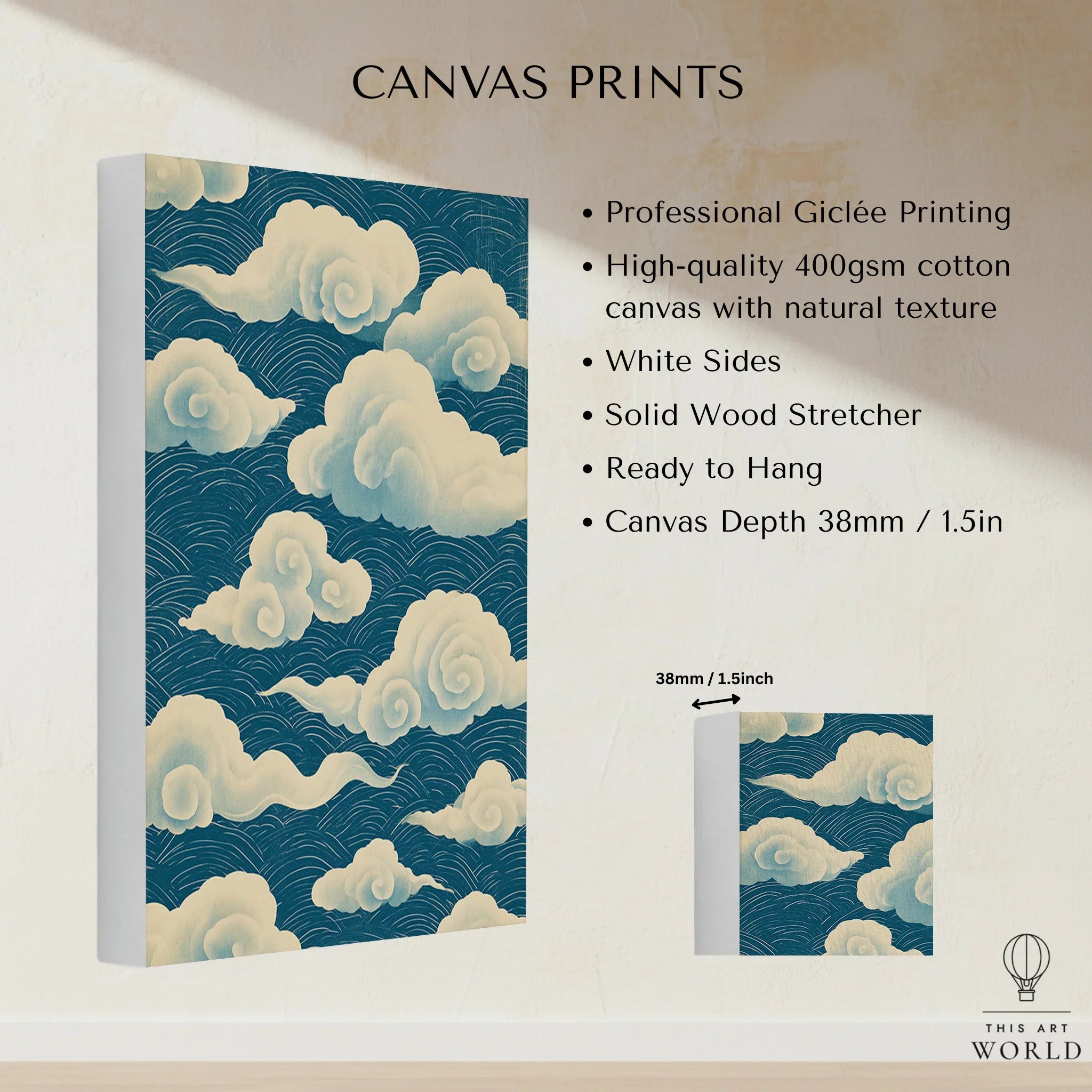 Japanese Cloud Pattern Art Print – Blue Vintage Wall Art — canvas print stretched cotton canvas details